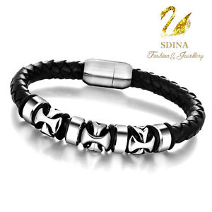 【送料無料】ブレスレット　アクセサリ―　ステンレスクロススマートmen｀sブレスレットstainless steel genuine leather braided cross circle stylish mens bracelet 13,286円