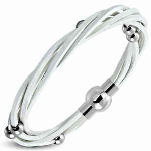 【送料無料】ブレスレット　アクセサリ―　ブレスレットボールステンレススチールブレードホワイトレザーbracelet made of white leather braided with ball stainless steel