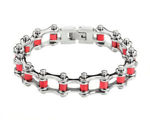 【送料無料】ブレスレット　アクセサリ―　バイカーステンレススチールシルバーバイクチェーンブレスレットアメリカbiker stainless steel silver red bike chain bracelet usa seller