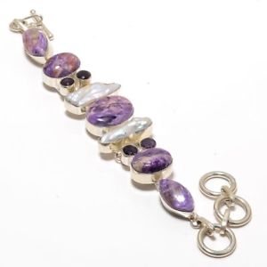 【送料無料】ブレスレット　アクセサリ―　ロシアジュエリーブレスレットrussian copper charoite,biwa pearl gemstone women gift jewelry bracelet 78