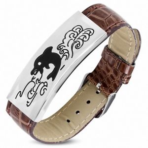 【送料無料】ブレスレット　アクセサリ―　プレートスチールパターンスパイラルドルフィンブレスレットブラウンレザーbracelet brown leather with plate steel pattern spirals dolphin
