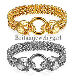 【送料無料】ブレスレット　アクセサリ―　ステンレスフィガロチェーンブレスレットheavy skull skeleton head stainless steel figaro chain biker bracelet for men