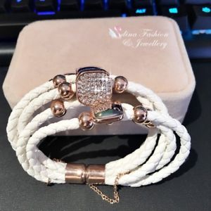 【送料無料】ブレスレット　アクセサリ―　ファッションホワイトレザーｋローズゴールドブレスレットfashion white leather 5 rows woven 18k rose gold filled square charm bracelet
