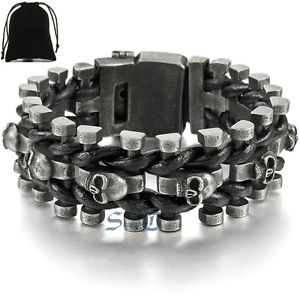【送料無料】ブレスレット　アクセサリ―　ステンレススチールビンテージパンクレザーブレスレットバッグstainless steel vintage punk skulls leather braided adjustable braceletgift bag