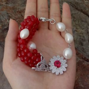【送料無料】ブレスレット　アクセサリ―　ストランドホワイトバロックパールレッドジェイドブレスレット6 strands 8 white baroque pearl red jade bracelet