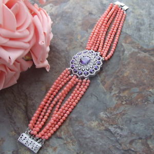 【送料無料】ブレスレット　アクセサリ―　ピンクラウンドコーラルブレスレットコネクタab011211 8 4mm 8 strands pink round coral bracelet cz connector
