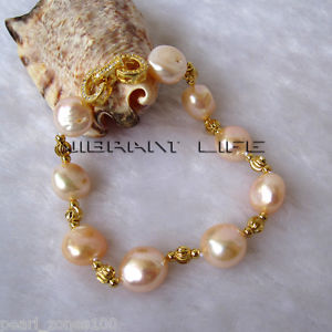 【送料無料】ブレスレット　アクセサリ―　8 1113mmピンクバロックaaブレスレットac8 1113mm peach pink baroque aa freshwater pearl gold color bead bracelet ac