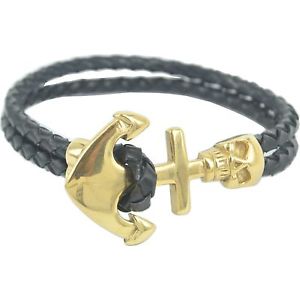 【送料無料】ブレスレット　アクセサリ―　ゴールドトーンステンレススチールアンカーブレスレットgold tone stainless steel amp; genuine leather anchor and skull bracelet 50