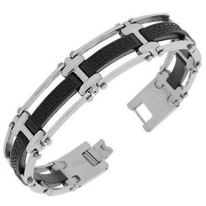 【送料無料】ブレスレット　アクセサリ―　ステンレススチールラバーシルバーギリシャキーチェーンメンズブレスレット