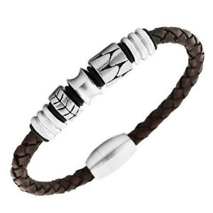 【送料無料】ブレスレット　アクセサリ―　ステンレススチールメンズブレスレットstainless steel brown leather silvertone braided mens bracelet