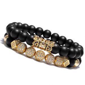 【送料無料】ブレスレット　アクセサリ―　マイクロボールクラウンブレスレットマットビーズ luxury micro pave cz ball crown charm bracelet men jewelry matte agate bead