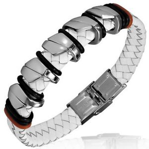 【送料無料】ブレスレット　アクセサリ―　ステンレススチールレザーメンズブレスレットstainless steel white braided leather mens bracelet