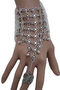 【送料無料】ブレスレット　アクセサリ―　チェーンファッションジュエリースレーブリングボール women silver metal hand chain fashion jewelry slave ring flower charms balls