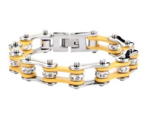 【送料無料】ブレスレット　アクセサリ―　レディースオートバイステンレススチールバイクチェーンブレスレットwomens ladies motorcycle stainless steel yellow crystal bike chain bracelet