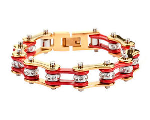 【送料無料】ブレスレット　アクセサリ―　ステンレススチールゴールドバイクチェーンブレスレットアメリカwomens stainless steel gold red bling bike chain bracelet usa seller