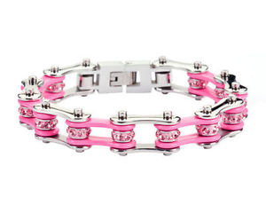 【送料無料】ブレスレット　アクセサリ―　ステンレススチールシルバーピンクバイクチェーンブレスレットアメリカwomens stainless steel silver pink bling bike chain bracelet usa seller