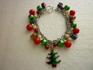 【送料無料】ブレスレット　アクセサリ―　クリスマスシルバーブレスレットツリーチェコガラスビーズ*christmas silver tone charm bracelet treegifts czech glass beads