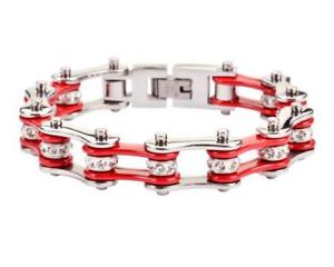 【送料無料】ブレスレット　アクセサリ―　レッドオートバイステンレスバイクチェーンブレスレットladies silver tone red motorcycle stainless steel crystal bike chain bracelet
