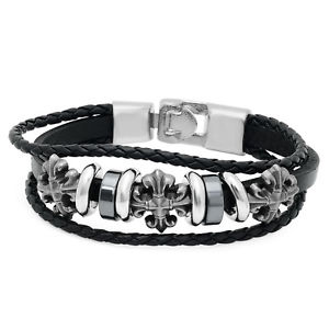 【送料無料】ブレスレット　アクセサリ―　9 3イチハツブレスレット9 brown leather triple fleurdelis charm bracelet