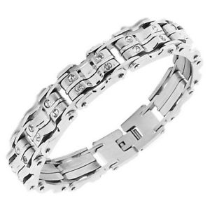 【貨物輸送無料】腕輪 付属物― ステンレススチールシルバーリンクチェーンメンズブレスレットstainless steel silver tone white crystals link chain mens bracelet