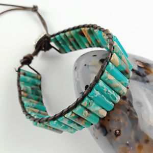【貨物輸送無料】腕輪 添え物― ジャスパーレザーラップブレスレットカフ handknitte bluegreen sea sediment jasper single leather wrap bracelet cuff