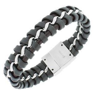 【送料無料】ブレスレット　アクセサリ―　ステンレスブラウンシルバーリンクチェーンmensブレスレットstainless steel brown leather silver tone braided link chain mens bracelet