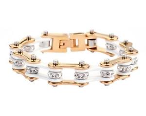 【送料無料】ブレスレット　アクセサリ―　レディースゴールドトーンオートバイステンレスバイクチェーンブレスレットladies gold tone white motorcycle stainless steel crystals bike chain bracelet