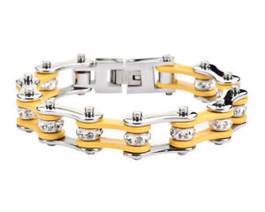 【送料無料】ブレスレット　アクセサリ―　ステンレスシルバーイエローバイクチェーンブレスレットアメリカblingwomens stainless steel silver yellow bling bike chain bracelet usa seller
