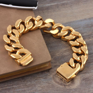 【送料無料】ブレスレット　アクセサリ―　リンクチェーンステンレススチールゴールドブレスレットheavy chunky 20mm wide curb link chain stainless steel gold 866 men bracelet