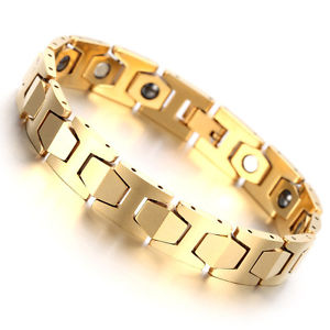【送料無料】ブレスレット　アクセサリ―　メンズゴールドタングステンカーバイドゲルマニウムリンクブレスレットmens gold tungsten carbide magnetic therapy germanium link bracelet pain relief