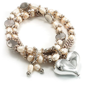 【送料無料】ブレスレット　アクセサリ―　ストランドフレックスブレスレットシルバー2 strand freshwater pearl puffed heart flex bracelet silver tone