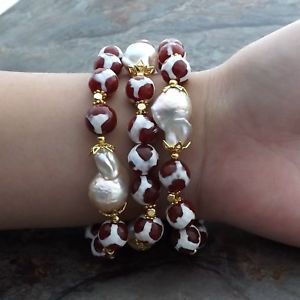 【送料無料】ブレスレット　アクセサリ―　メノウピンクパールブレスレットk122912 8 3strands 12mm agate pink keshi pearl bracelet
