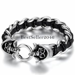 【送料無料】ブレスレット　アクセサリ―　メンズステンレススチールスカルチェーンブレスレットmens stainless steel skull curb chain genuine leather braided bracelet 98