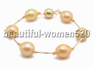 【送料無料】ブレスレット　アクセサリ―　ゴールデンエジソンパールブレスレットインチz8572 14mm almostround golden edison keshi pearl bracelet 8inch