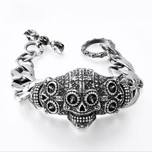 【送料無料】ブレスレット　アクセサリ―　メンズクロステロスカルステンレススチールブレスレットhigh quality mens carved flower cross terror skull 316l stainless steel bracelet
