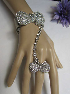 【送料無料】ブレスレット　アクセサリ―　ボウブレスレットチェーンブリングスレーブリングwomen bow bracelet silver metal hand chain bling rhinestones slave charm ring