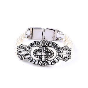 【送料無料】ブレスレット　アクセサリ―　ブレスレットシルバーアールデコクロスビンテージオリジナルbracelet silver multi row pearl art deco cross vintage original marriage ct4