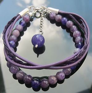【送料無料】ブレスレット　アクセサリ―　パープルレザーコードブレスレットシルバークラスプアメジストビーズpurple leather cord bracelet with 925 silver clasp and amethyst beads