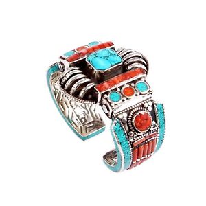 【送料無料】ブレスレット　アクセサリ―　アンティークレッドコーラルターコイズハンドメイドチベットカフantique red coral amp; turquoise handmade tibetan cuff nk1009