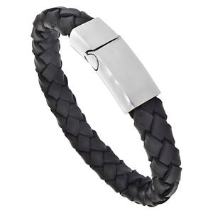【送料無料】ブレスレット　アクセサリ―　11 mm nero intreccio pelle bracciale w acciaio inox magnetica chiusura