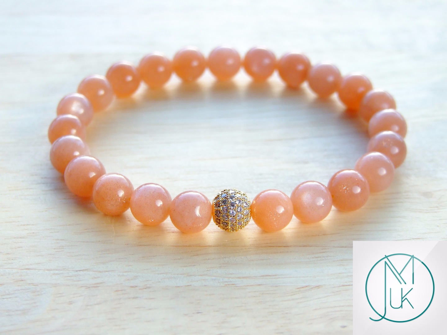 【送料無料】ブレスレット　アクセサリ―　ピーチムーンストーンゴールドマイクロブレスレットpeach moonstone gold micro pave natural gemstone bracelet 69 elasticated