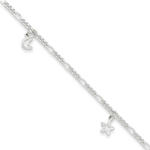 【送料無料】ブレスレット　アクセサリ―　スターリングシルバーフィガロチェーンブレスレット925 sterling silver figaro chain moon and stars dangle ankle bracelet