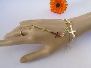 【送料無料】ブレスレット　アクセサリ―　レディースファッションゴールドスレーブブレスレットリングwomens fashion gold metal thin chains slave bracelet crosses ring