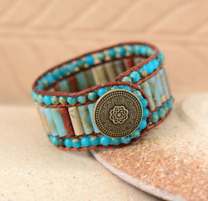 【送料無料】ブレスレット　アクセサリ―　ブレスレットユニークビンテージレザーカフラップブレスレットboho bracelet unique natural stone vintage leather wrap cuff bracelet