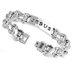 【送料無料】ブレスレット アクセサリ— ステンレススチールチェーンイエスリンクメンズブレスレットstainless steel silvertone bike chain religious jesus link mens bracelet, 9|hokushin