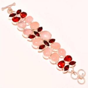 【送料無料】ブレスレット　アクセサリ―　ローズクォーツガーネットシルバーブレスレットrose quartz with garnet gemstone 925 silver bracelet 78