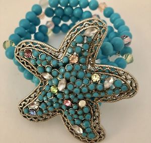 【送料無料】ブレスレット　アクセサリ―　ヒトデブレスレットトルコマルチstarfish stretch bracelet turquoise colored blue beads crystals multi strands