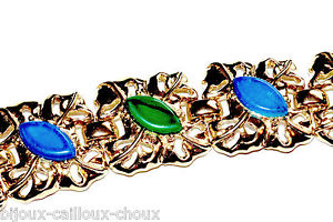【送料無料】ブレスレット　アクセサリ―　ビンテージブレスレットゴールドカラーストーンlarge signed vintage bracelet gold color stone blue green jewel