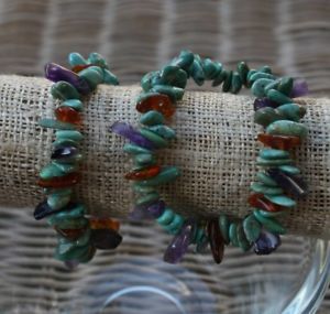 【送料無料】ブレスレット　アクセサリ―　ターコイズアメジストオレンジチップブレスレットハンドメイドturquoise, amethyst, amber chips bracelet, elastic, handmade 13,666円