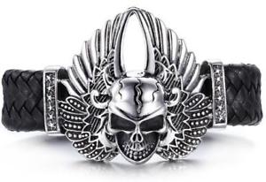 【送料無料】ブレスレット　アクセサリ―　スケルトンヘッドブレスレットステンレススチールangel wings skeleton head bracelet weave genuine leather stainless steel